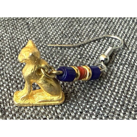 Egyptian Revival Cat Lover Bastet Dangle Pierced Earrings Pewter Carnelian Beads - Picture 5 of 11